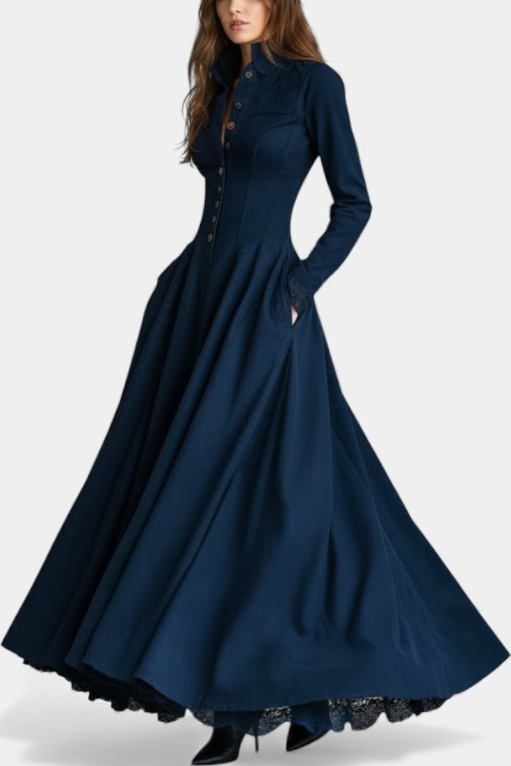 Josephine Robe Longue en Suédine avec Col Chemise et Dentelle