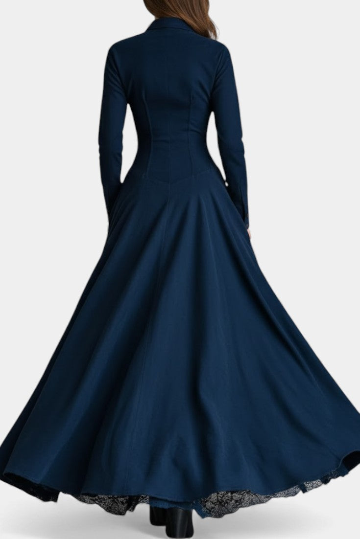 Josephine Robe Longue en Suédine avec Col Chemise et Dentelle