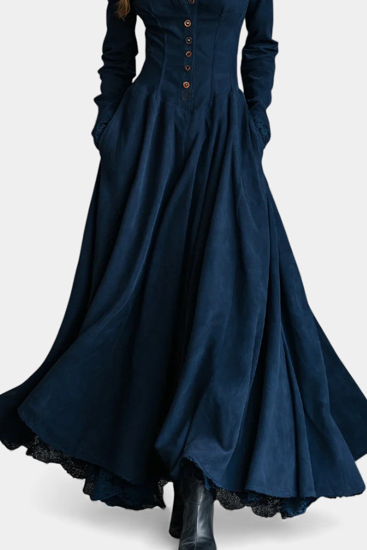 Josephine Robe Longue en Suédine avec Col Chemise et Dentelle