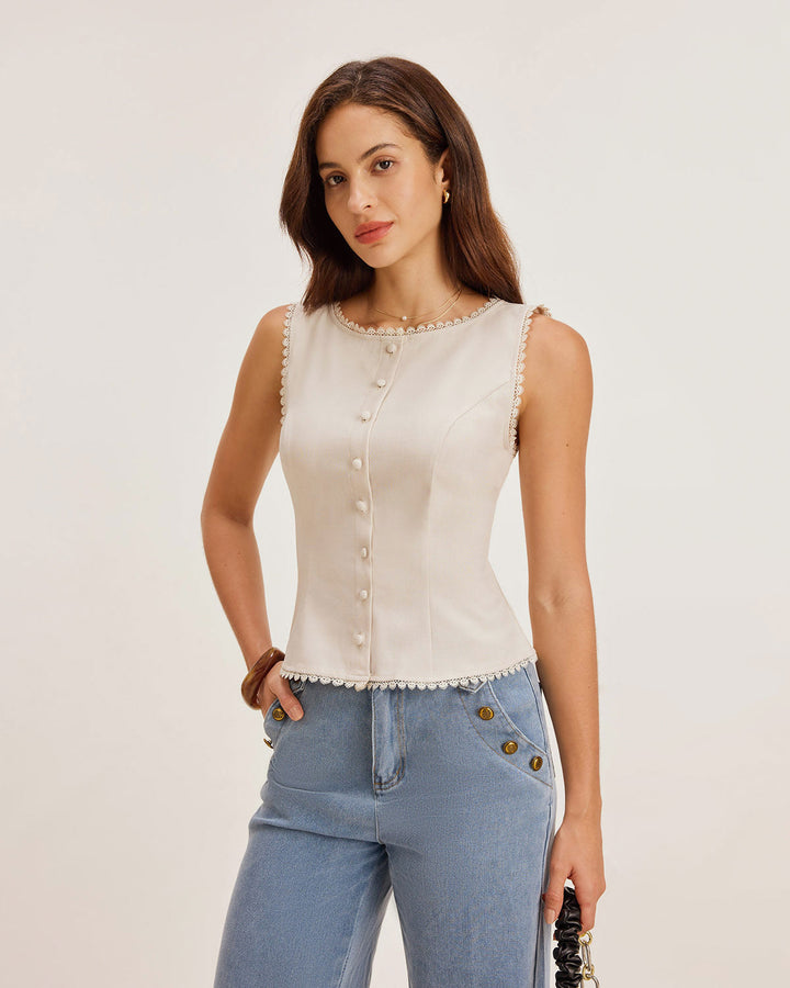 Éliane | Gilet boutonné col bateau abricot